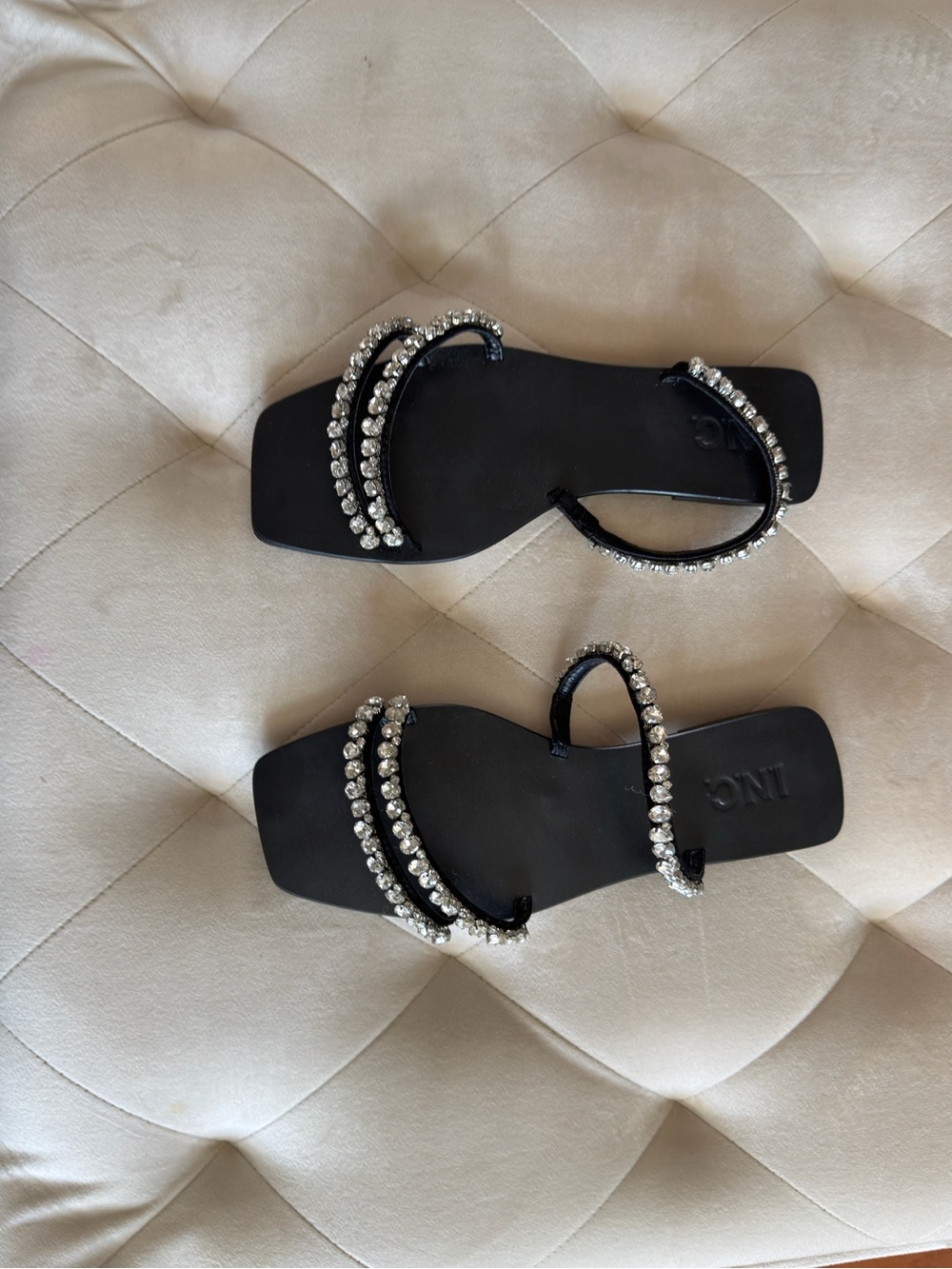 INC International Concepts Black Crystal-Strap Flat Sandals